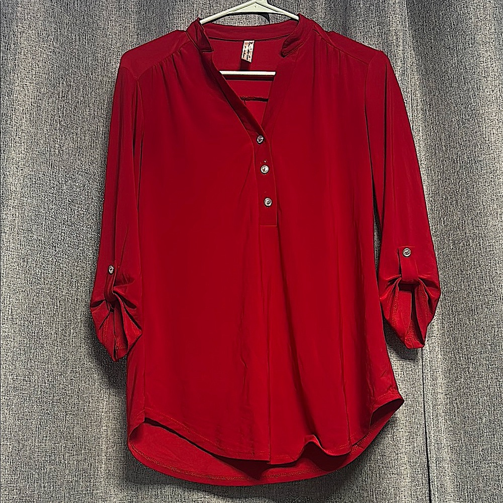 PerSeption Concept Red 3/4 Sleeve Blouse with Mandarin Collar
